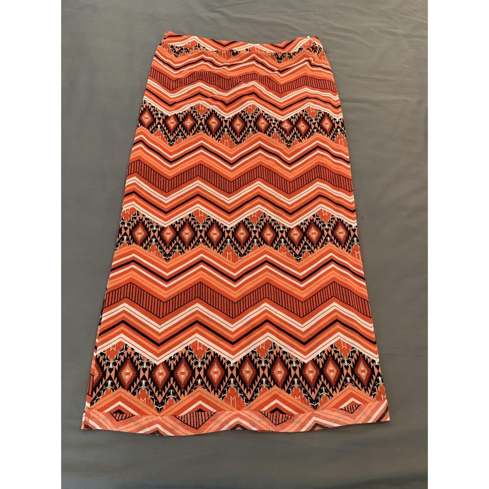 Tribal Geometric Skirt Womens Large‎ Orange Jersey Midi Elastic Waist Slit